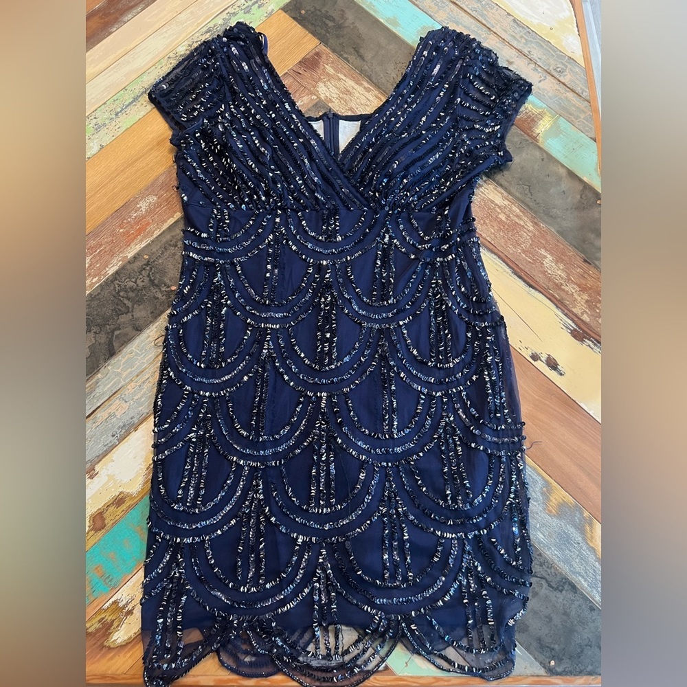 MARINA Navy Beaded Mini Dress